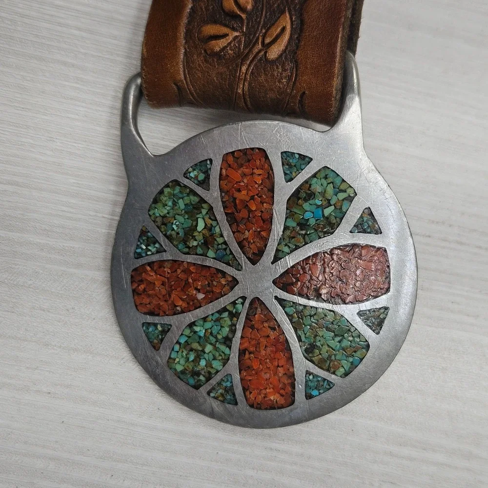 Indiana Metal Craft R J RobertsRainbow Jewelry Turquoise Inlay Buckle 1970s